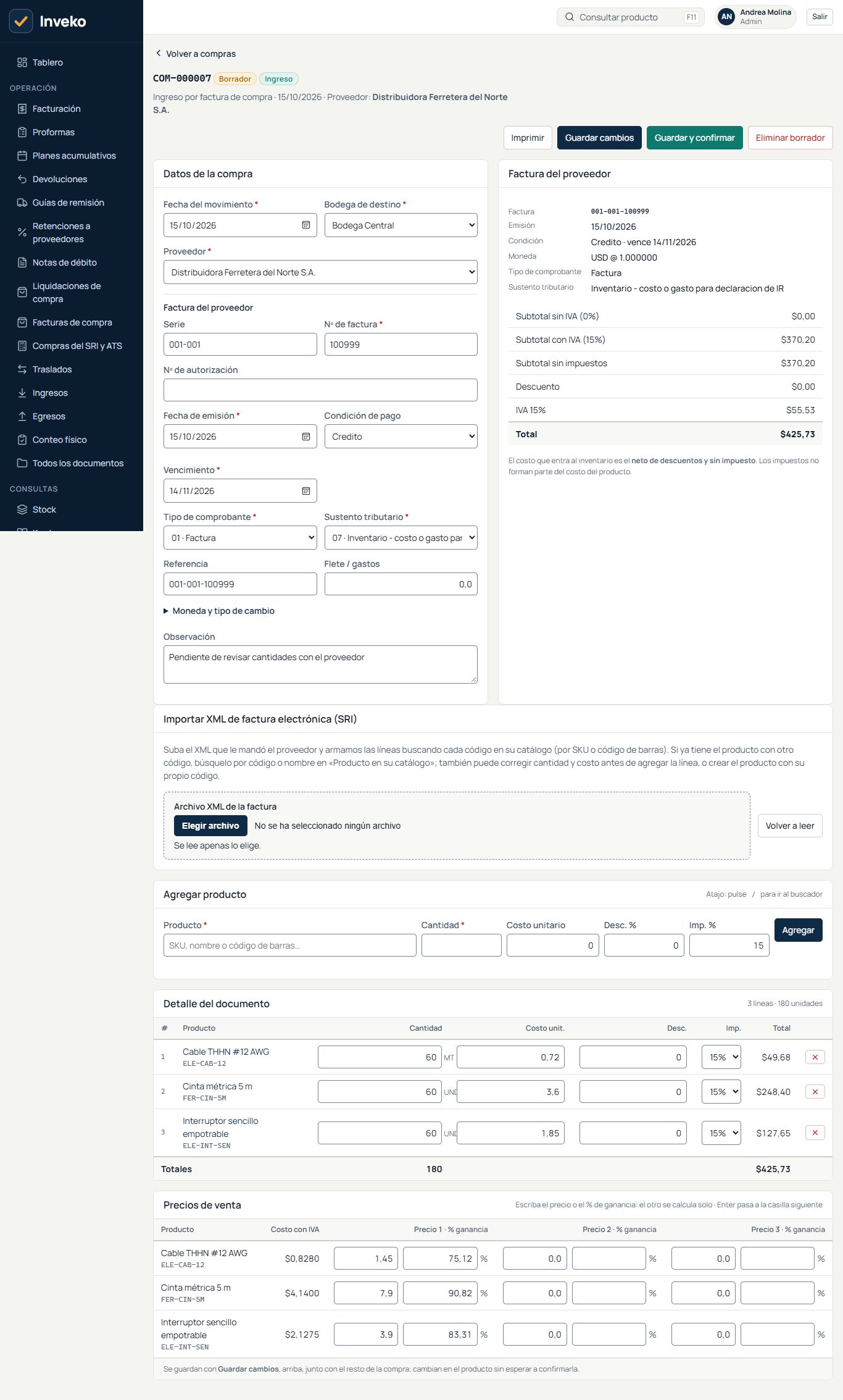 Compra en borrador con líneas editables y totales como el RIDE