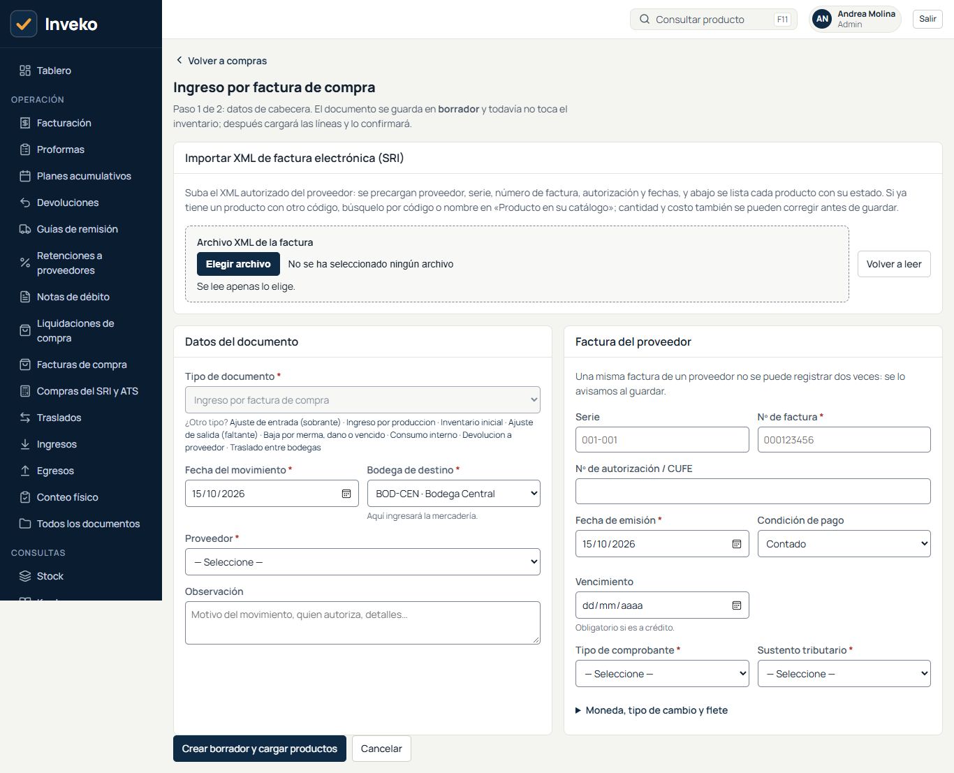 Nueva factura de compra con la importación del XML