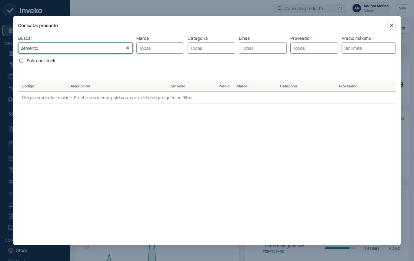 Ventana de consulta rápida de productos con filtros