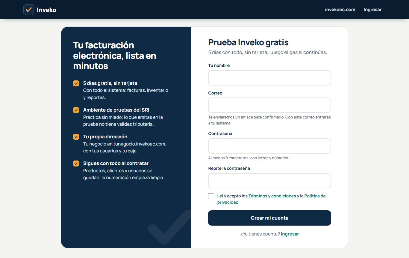 Formulario para crear la cuenta en app.invekoec.com