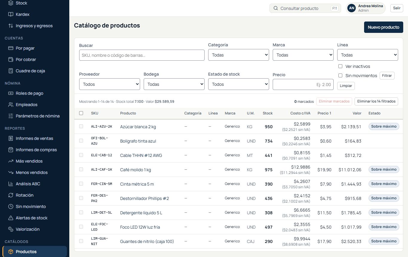Lista de productos con filtros