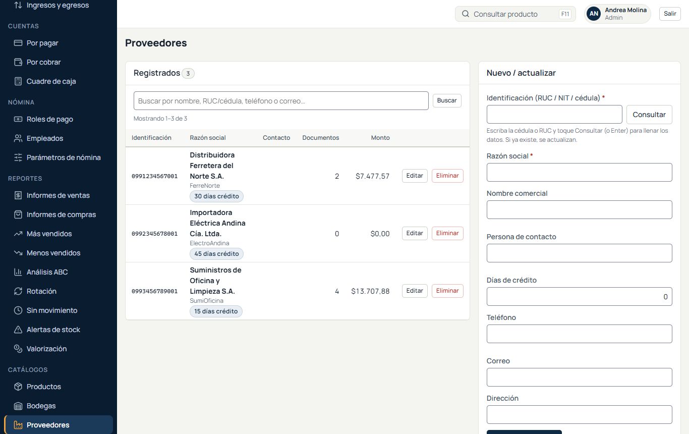 Lista de proveedores